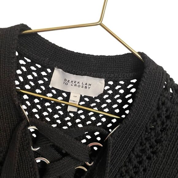 Derek Lam 10 Crosby Open Knit Black Cotton Lace Up V Neck Sweater Size SP - Picture 4 of 7